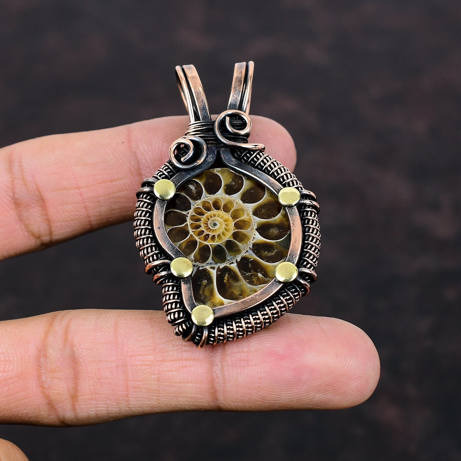 Ammonite Fossil Copper Gift For Bestie Wire Wrapped Pendant 2.36″