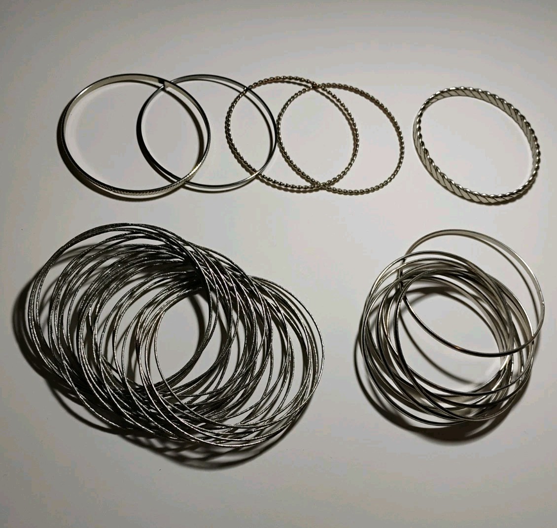 Silver Tone Bangle Bracelets-Lot of 7-(2 Cluster/5 Single) Approx 6 Inches