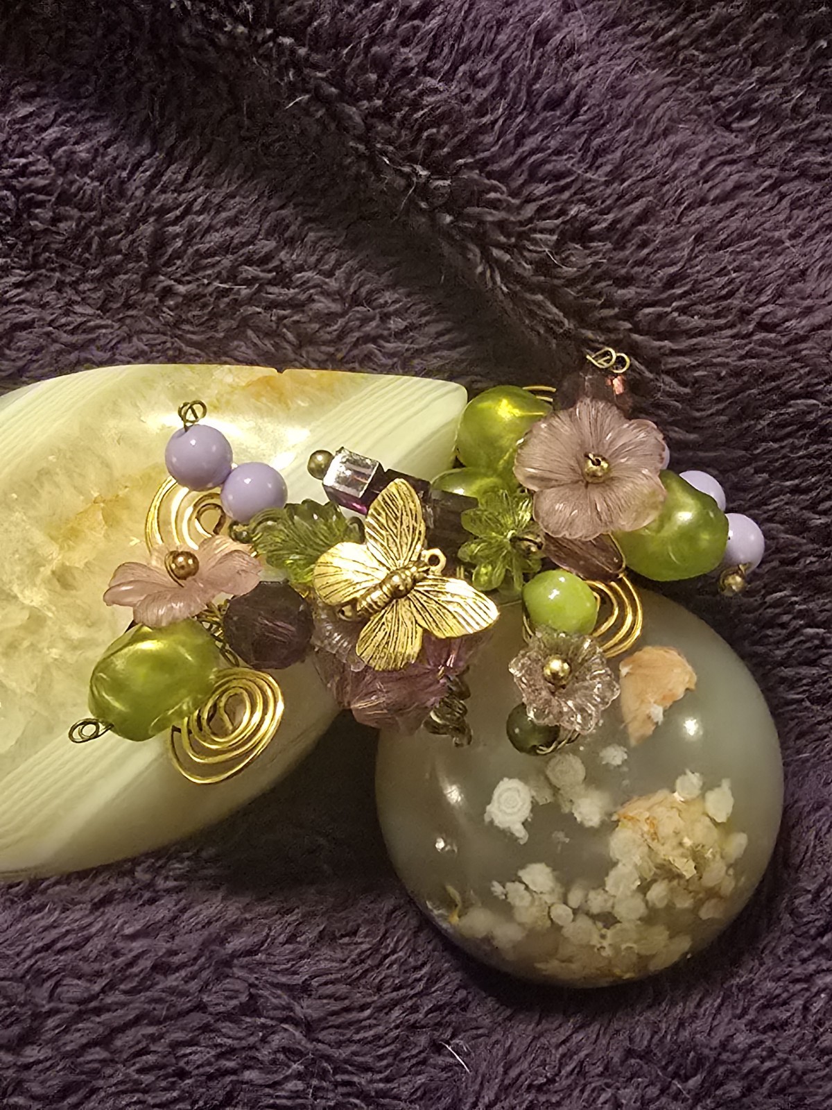 Handmade Gold Tone Metal Flowers Brooch Pin w/ Green & Purple Acrylic Beads