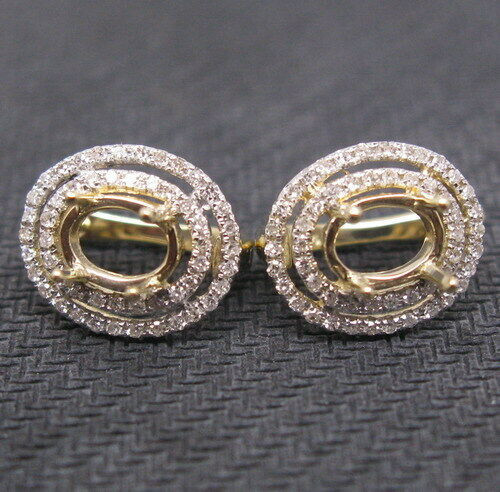 Oval 7×5MM 14K Yellow Gold Accented Natural Diamond Halo Earrings Stud Setting