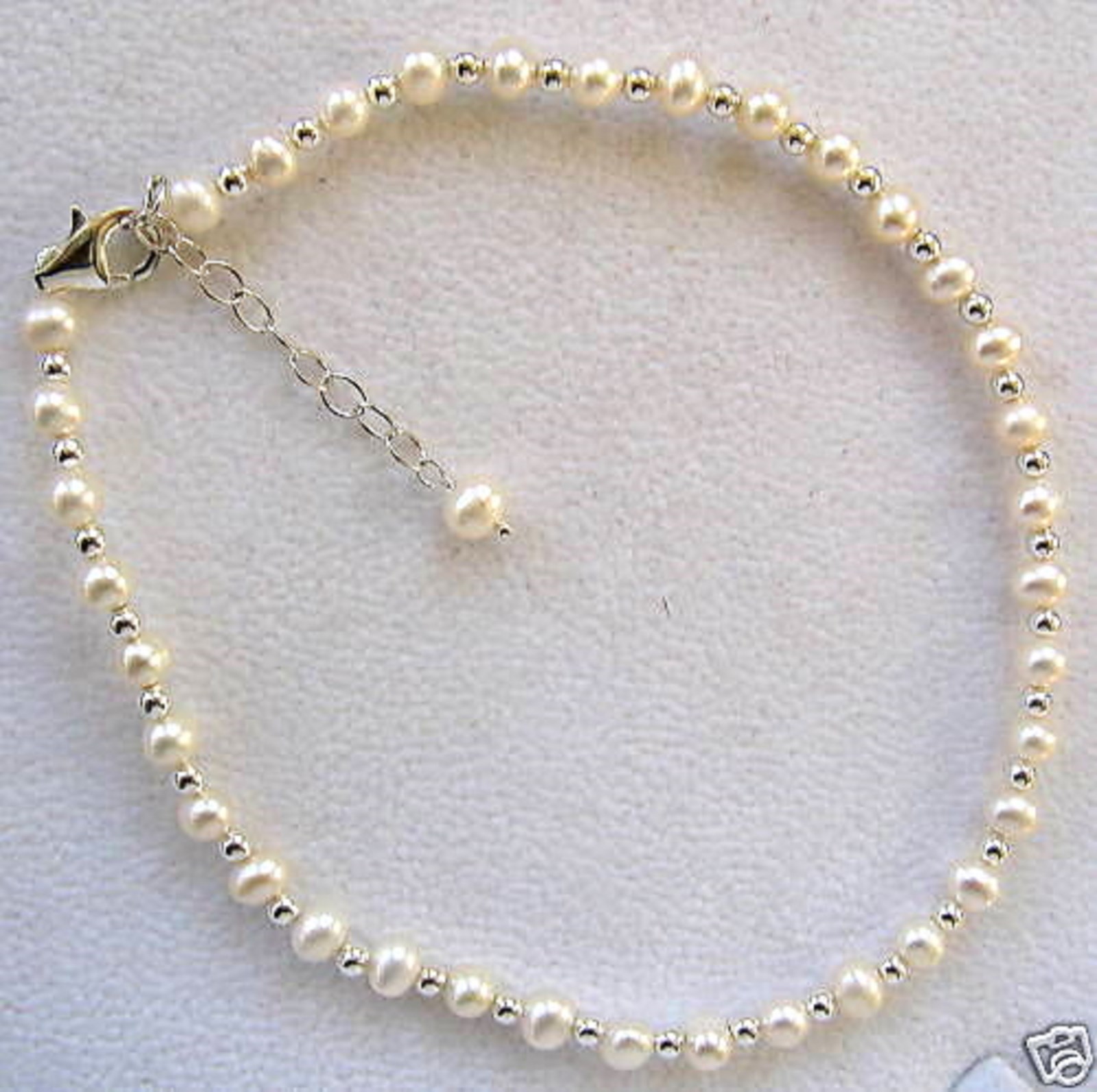 White Cultured Pearl & Sterling Silver 8″-10″ Ankle Bracelet w/Sterling Beads
