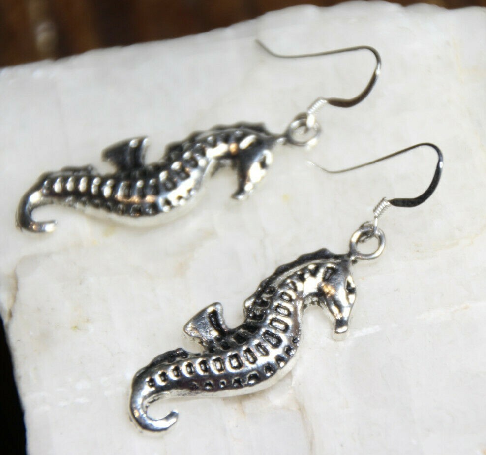 Sea Horse Earrings pendant Ocean Seahorse 925 sterling silver hook pewter charms