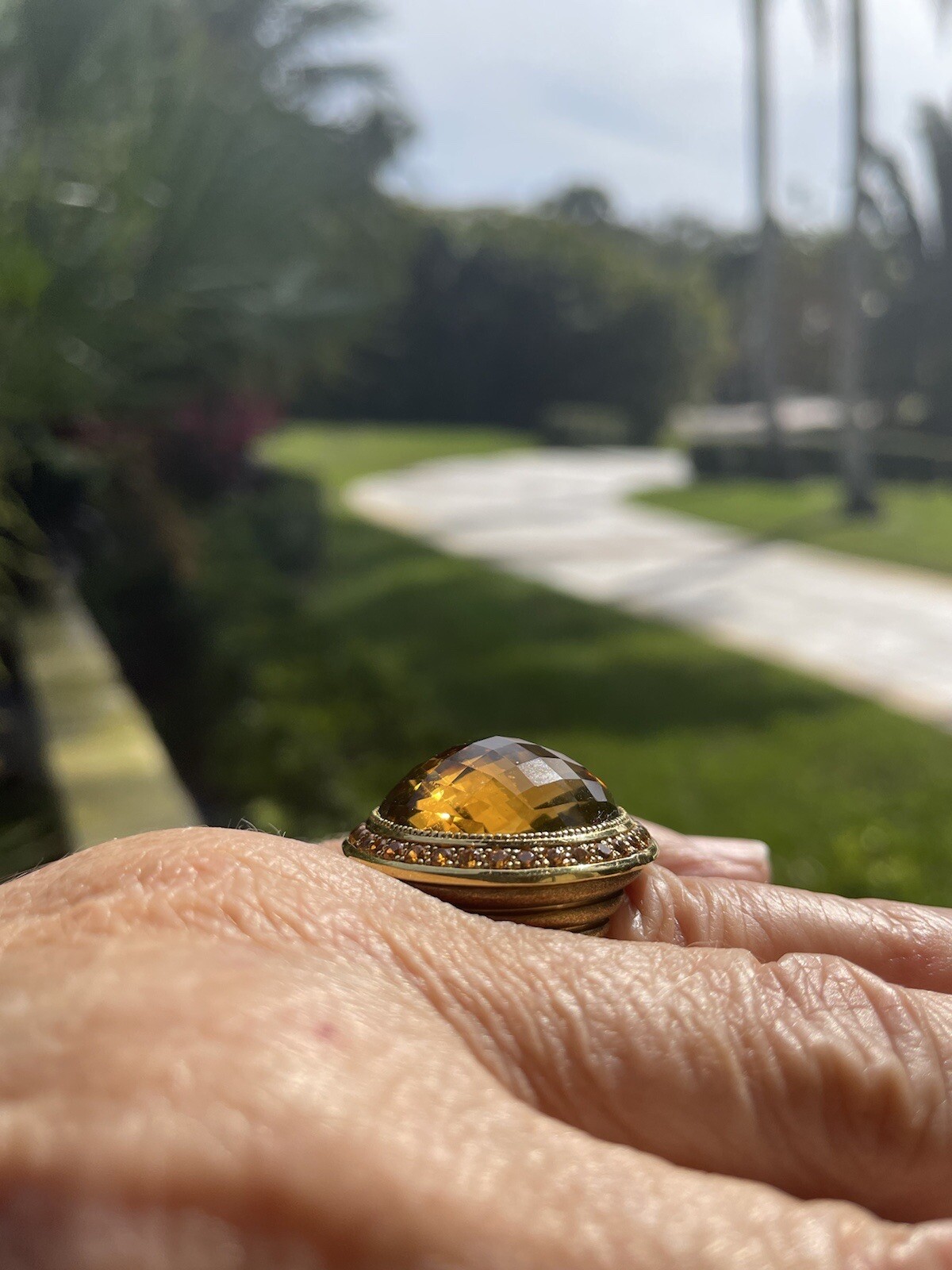 Designer Alex Soldier 18KYG 22mm Special Cut Citrine & Spesartite Ring 17.95 Dwt