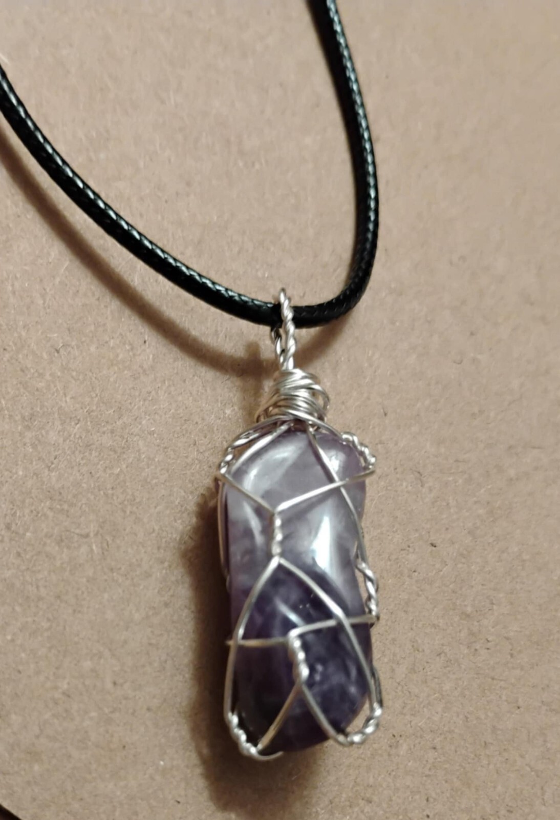 Natural Violet Amethyst Crystal Pendant Wrapped in Silver-coated Wire