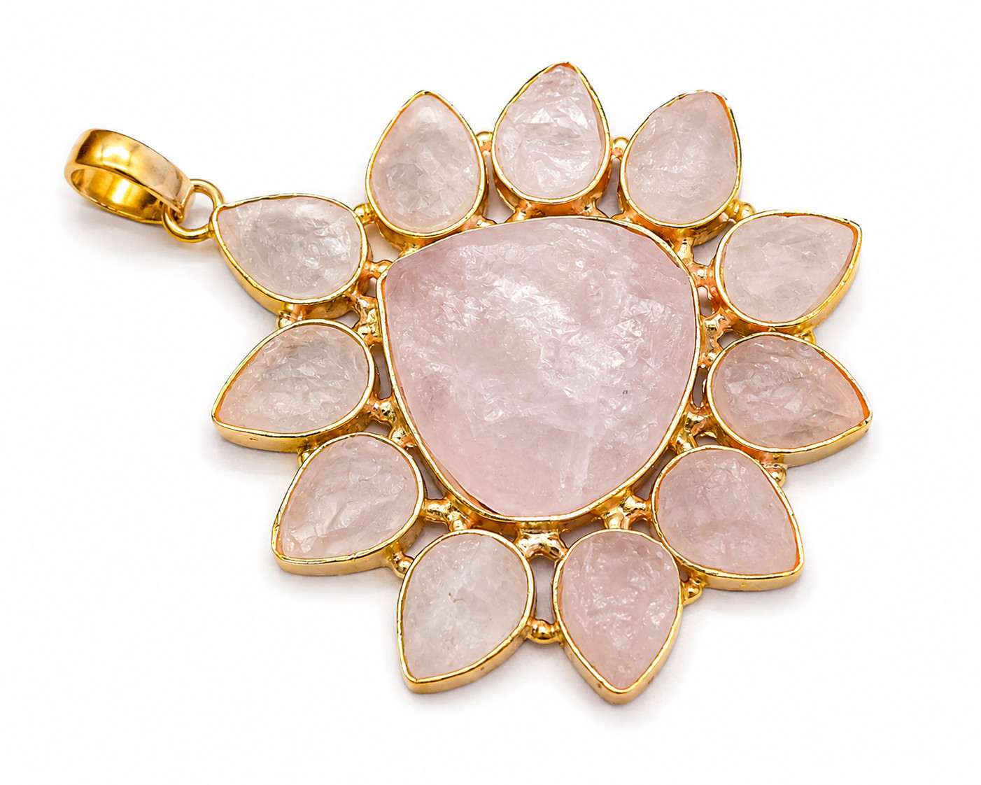 Rose Quartz Flower Shape Gemstone Vintage Pendant Handmade Beautiful Jewelry