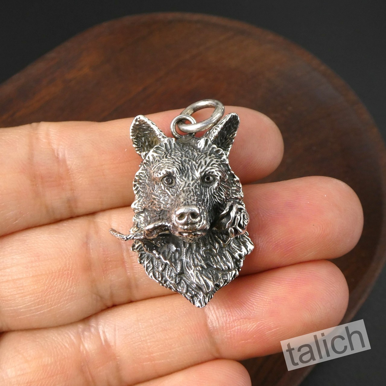 Solid 925 Sterling Silver 3D Wolf Head with Rose Flower Unisex Biker Pendant