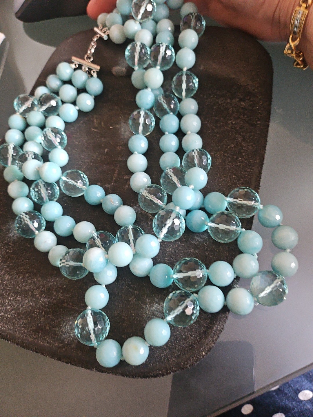 LP Genuine Stones Amazonite Bids & Blue Topaz 3 Strands Silver 925 Necklace 22″
