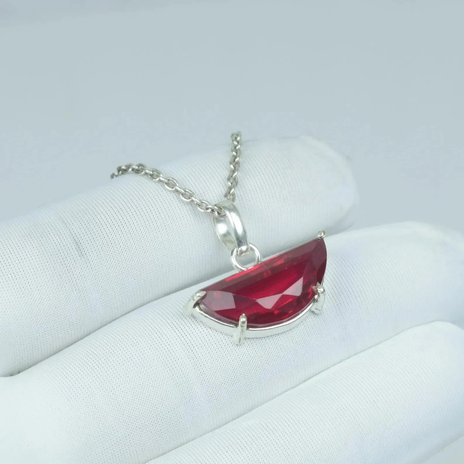 Natural Half Moon Ruby Pendant Sterling Silver Jewelry Gemstone With Chain 19.45