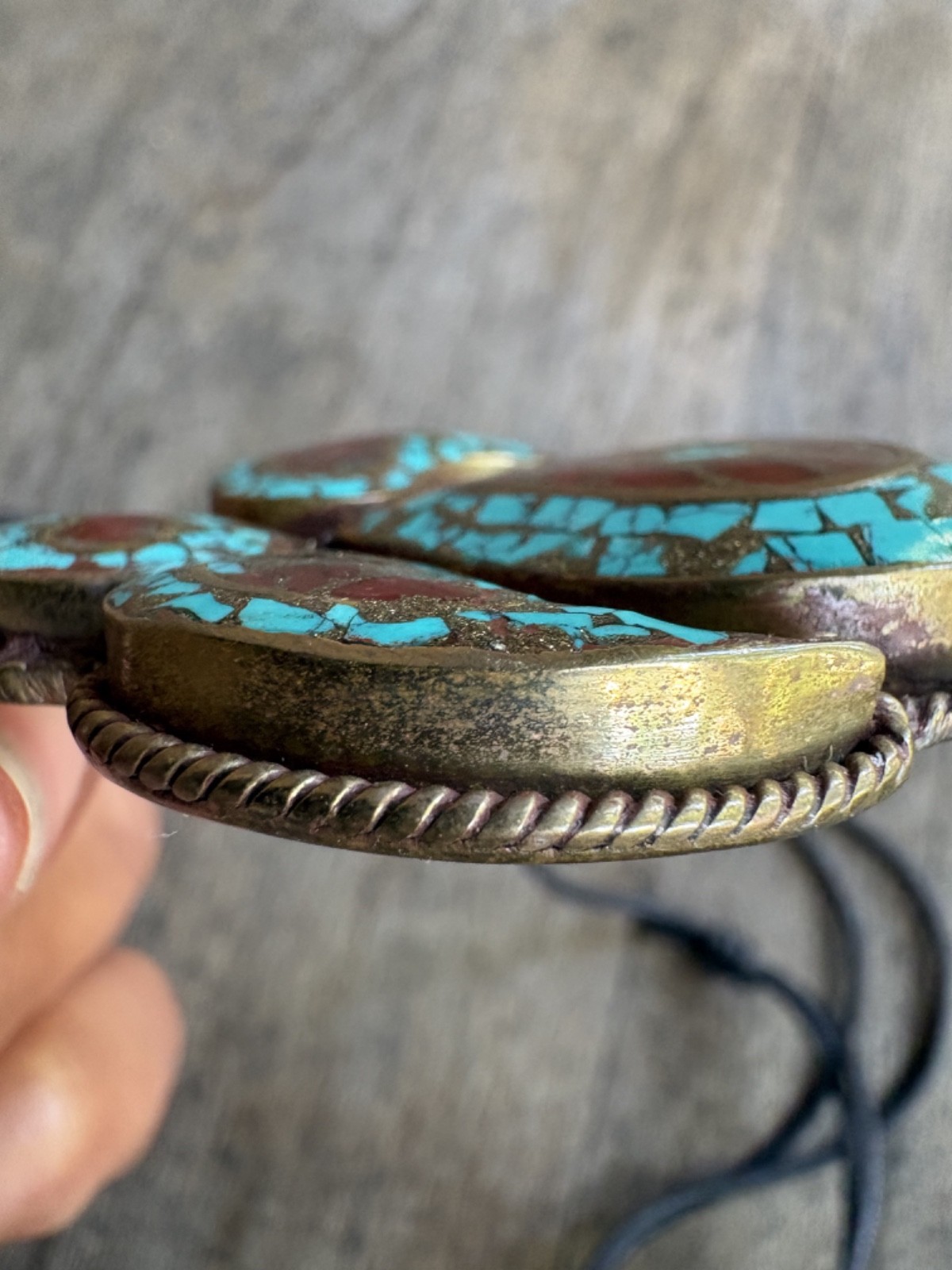 Turquoise and Coral Vintage Brass Nepalese Tibetan Pendant Necklace 26.6 grams
