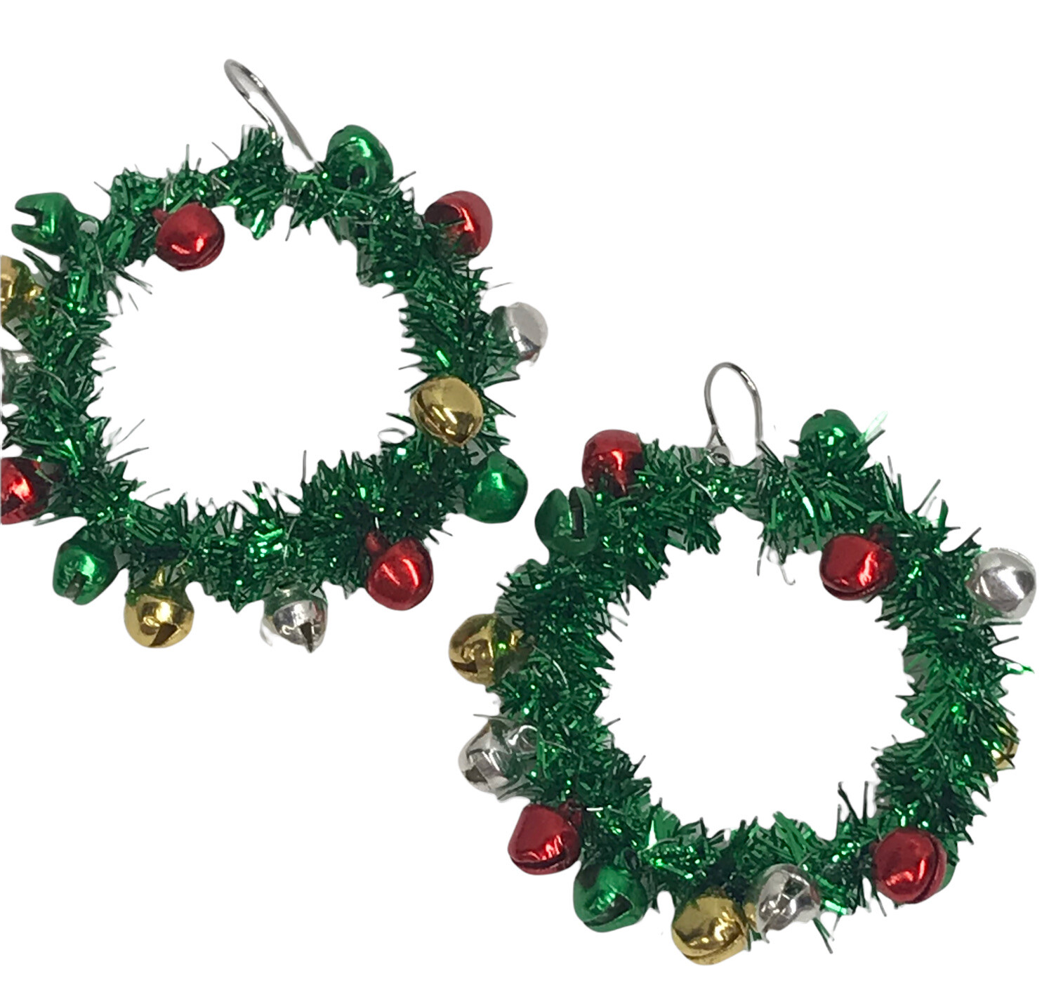 Green Tinsel Loop Hoop Christmas Wreath Earrings New Mini Jingle Bells Holiday