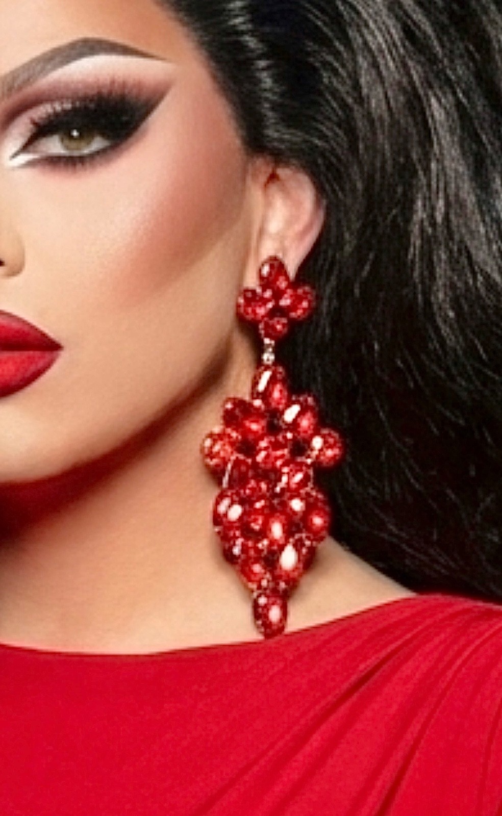 5″ Long Siam Red acrylic Crystals Statement Evening Earrings Drag Queen Pageant