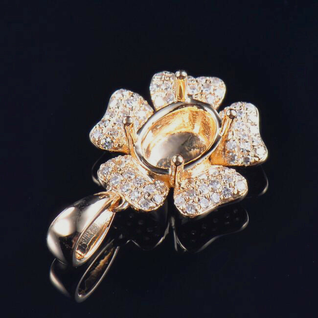 Oval Cut 7×5MM 14K Yellow Gold Natural Diamond Semi Mount Flower Pendant Setting