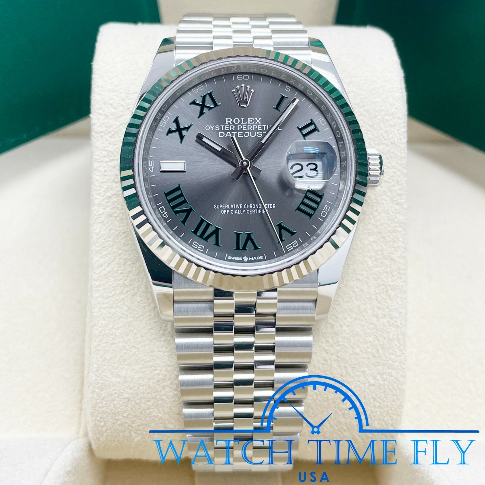 Rolex 126234 Steel Datejust 36 Fluted Bezel Wimbledon Rhodium Roman Dial Jubilee