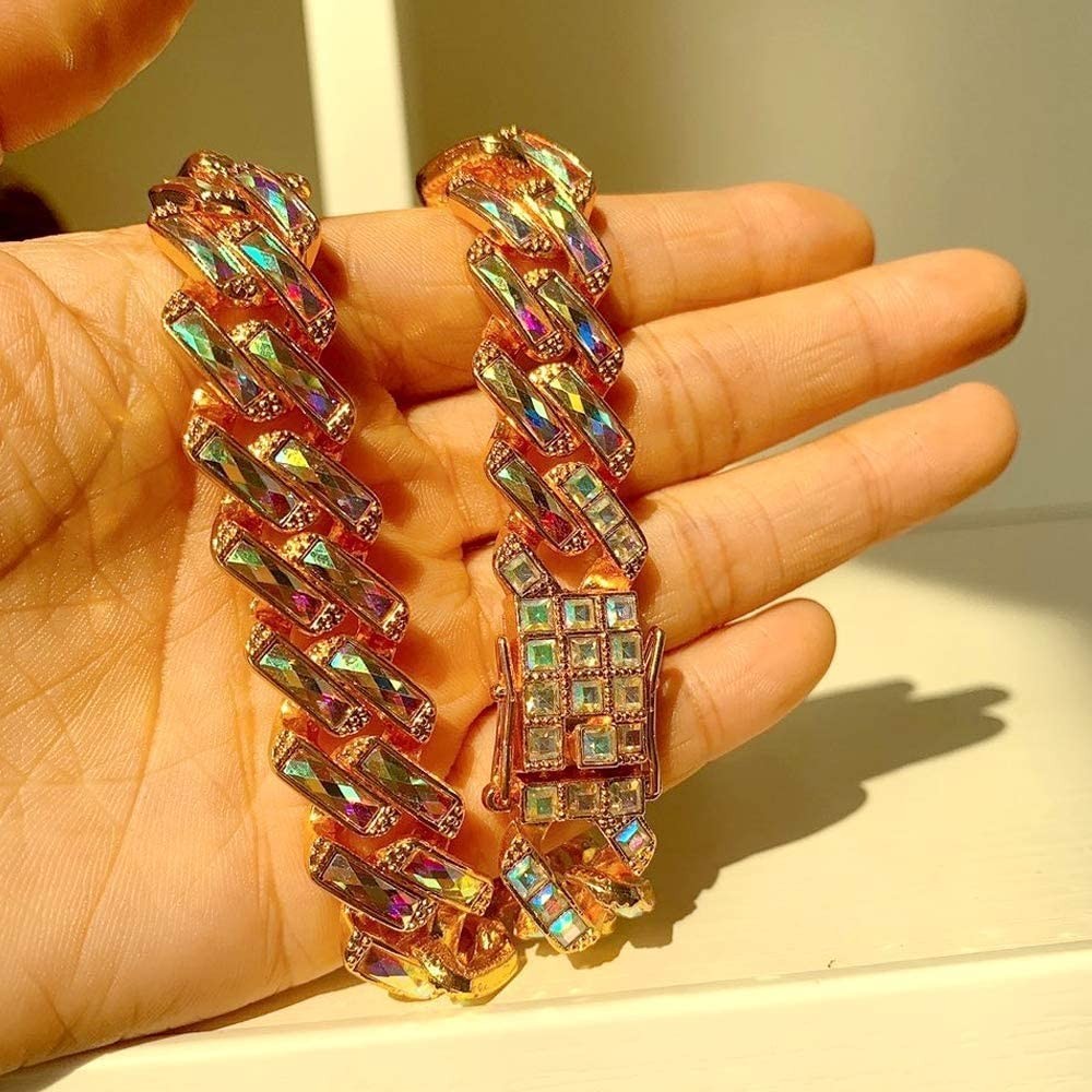 15mm Colorful Iced Out Gold Plated Hip Hop Cuban Link Chain Bracelet & Necklace
