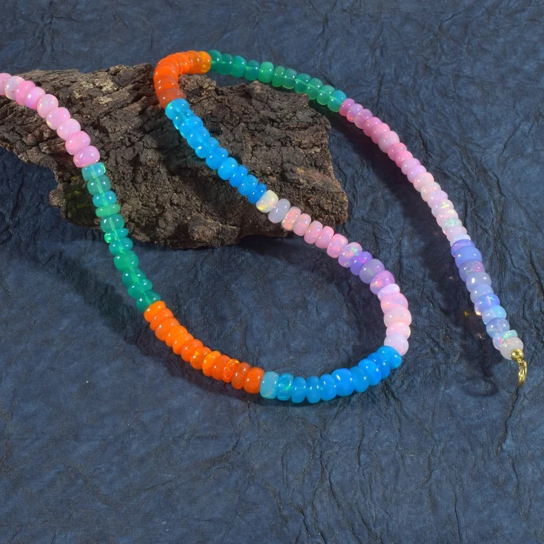 Natural Multicolor Welo Fire Opal Beaded Necklace 925 Silver 18″ Handmade Gift