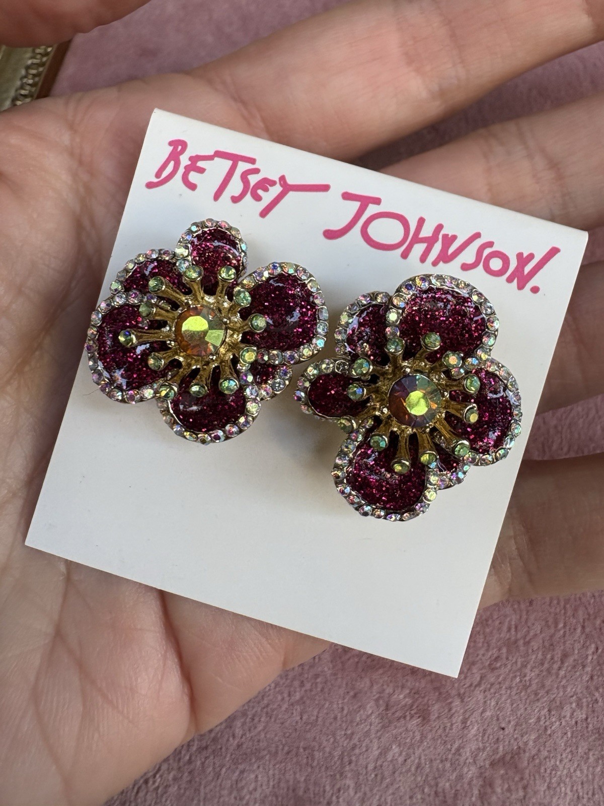 Betsey Johnson Paradise Lost Pink Orchid Flower Glitter Crystal AB Earrings
