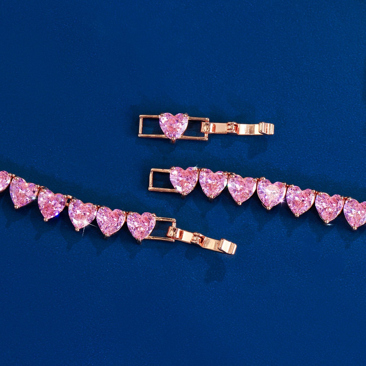 Romantic 585 Rose Gold Pink CZ Love Heart Tennis Choker Necklace for Women Party