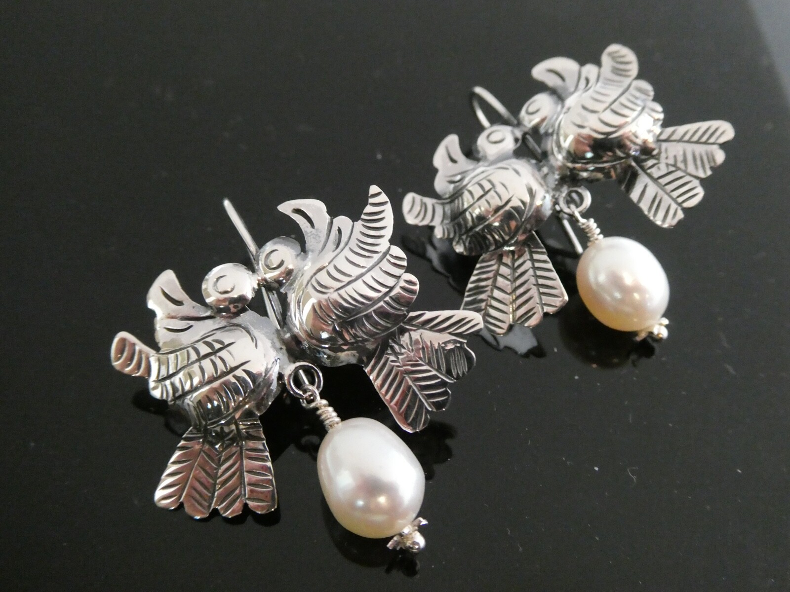 Love Bird Taxco Mexico Sterling Silver 925 & Pearl Frida Kahlo Style Earrings