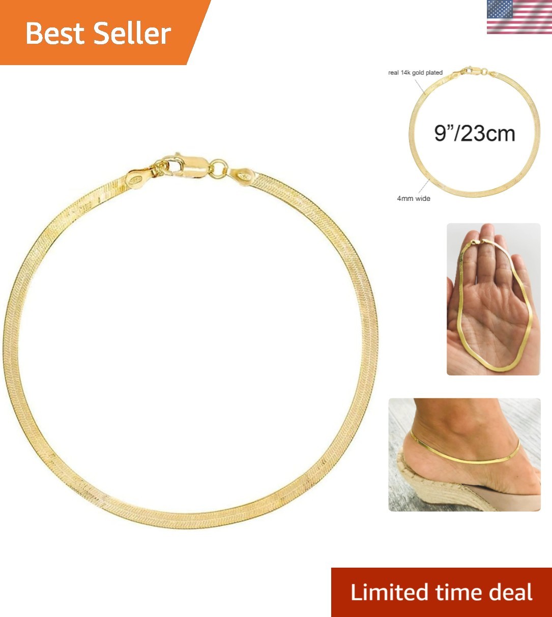Exquisite 4mm Herringbone Anklet – Perfectly Plated in 14K Gold, Gift-Ready