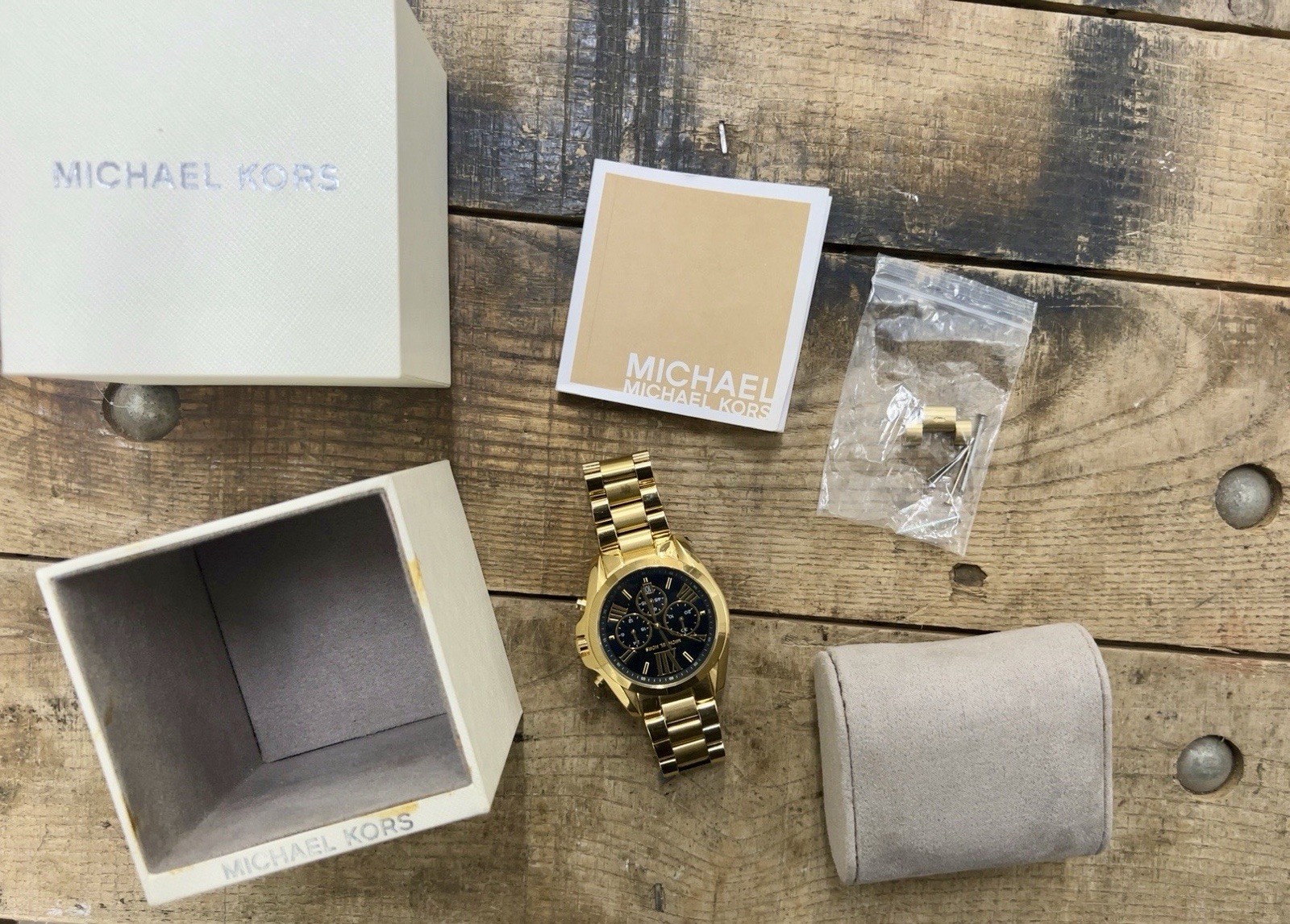 Michael Kors MK5739 Bradshaw Gold Tone Chronograph Watch Black Dial w/ Box