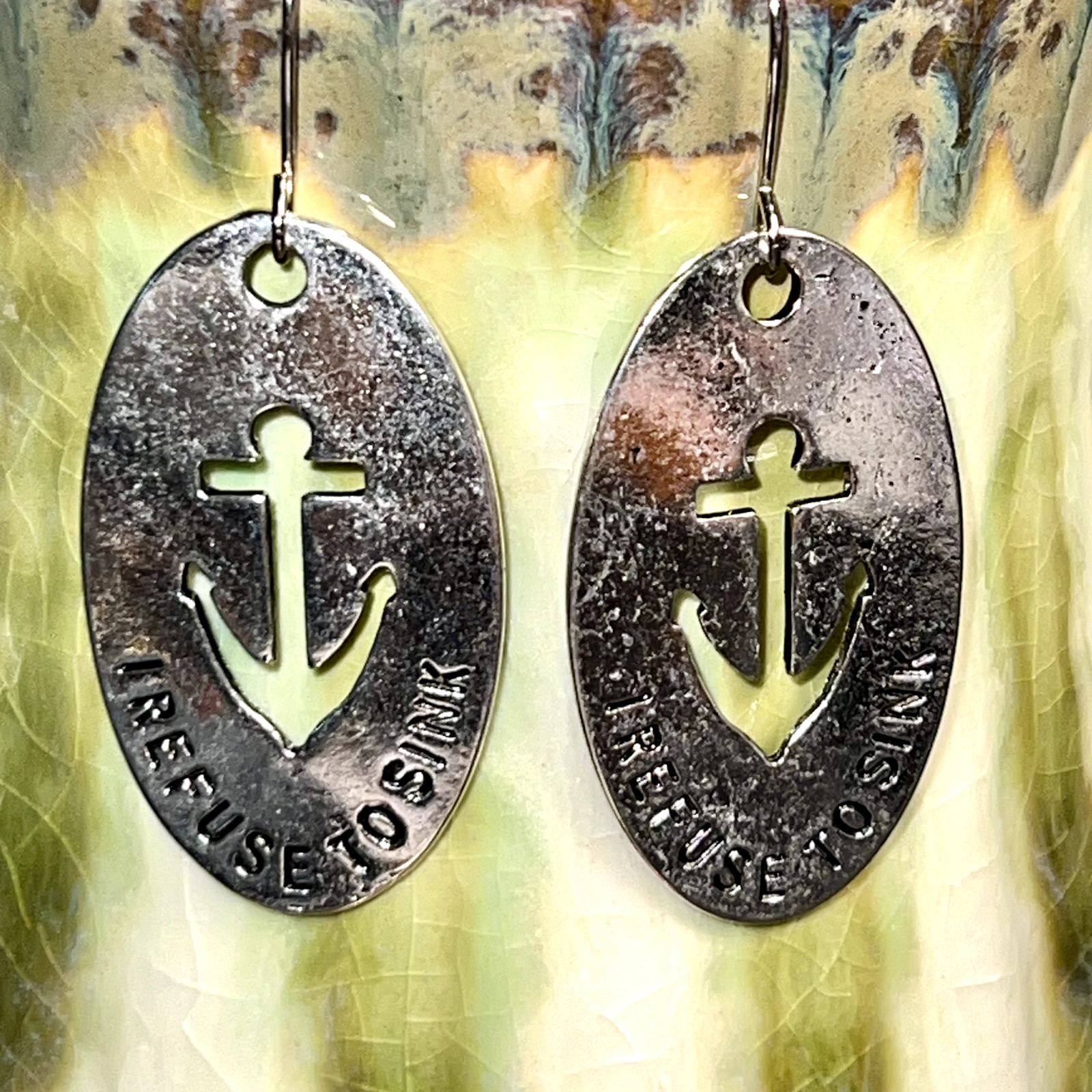 Silver Tone Engraved I Refuse to Sink Boat Anchor Charms Dangle Earrings. S430