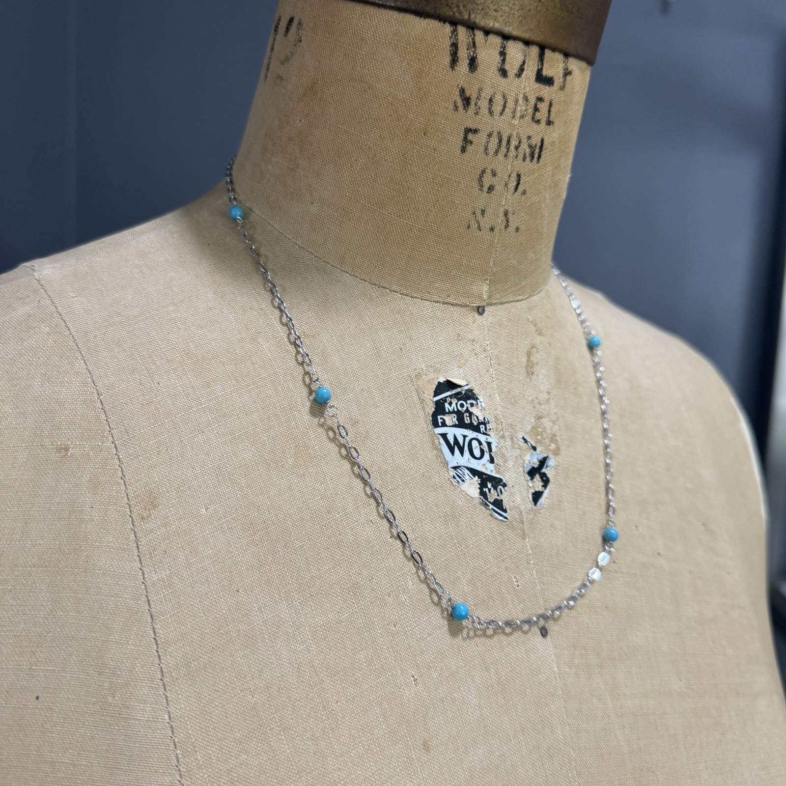 14k white gold turquoise bead station necklace 20″ 2.4 grams