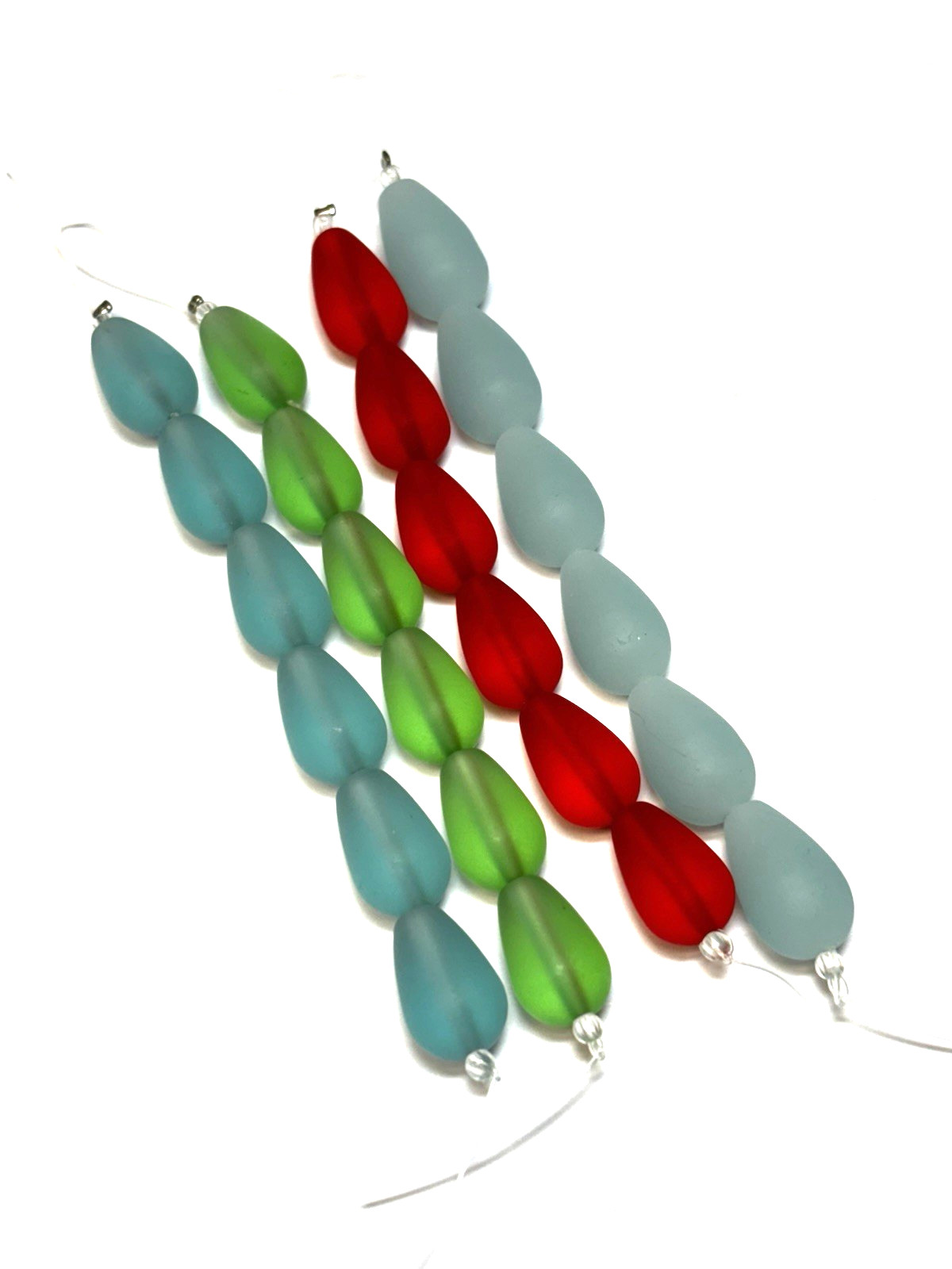 SALE 4 strand LOT cultured sea glass teardrop beads: green, red, blue apx 16mm