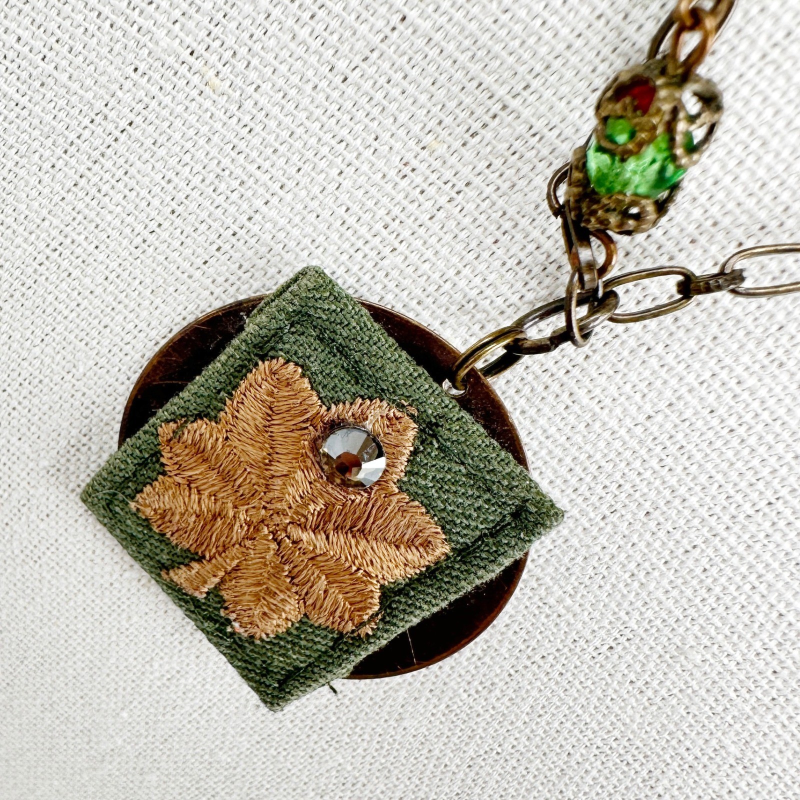 Army Major Field Grade Patch Necklace Handmade Assemblage Vintage Beads 18″