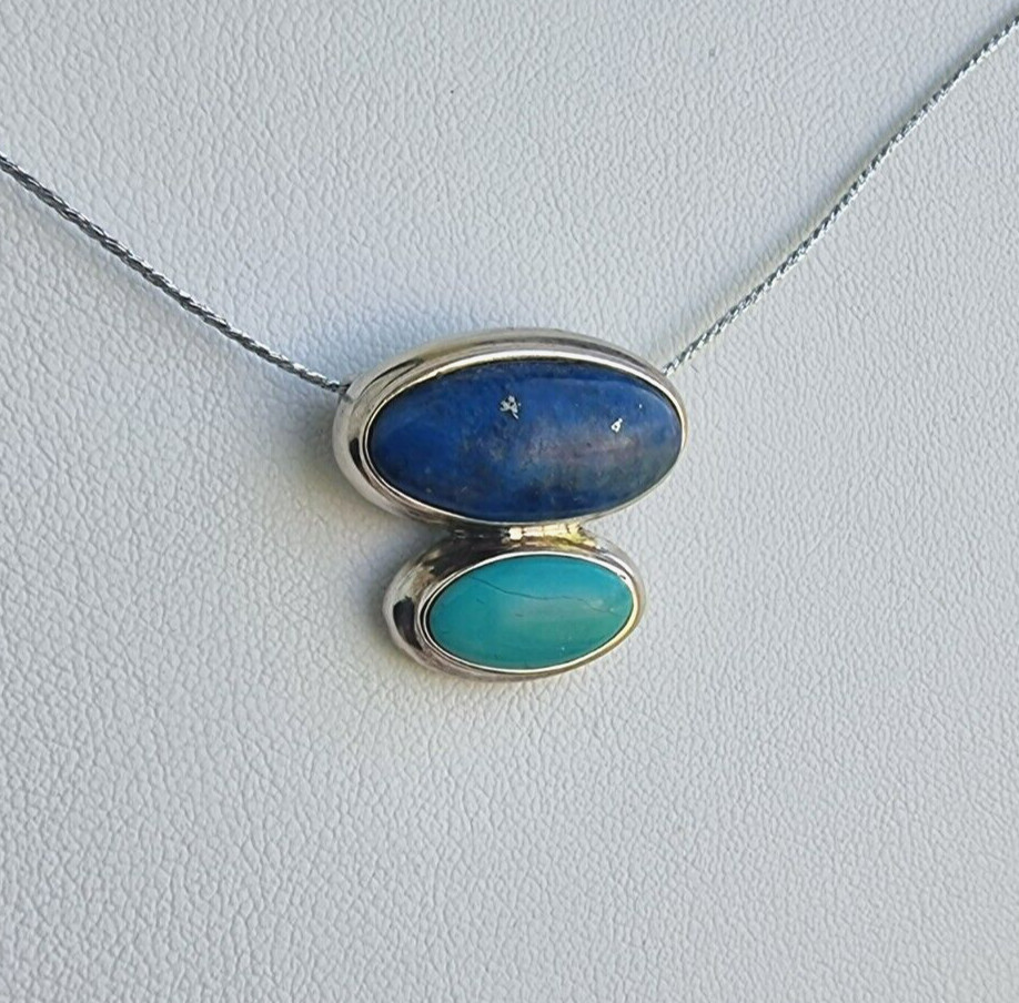 925 STERLING SILVER OVAL 20×19 mm. LAPIS AND OVAL 14×7 mm. TURQUOISE NECKLACE