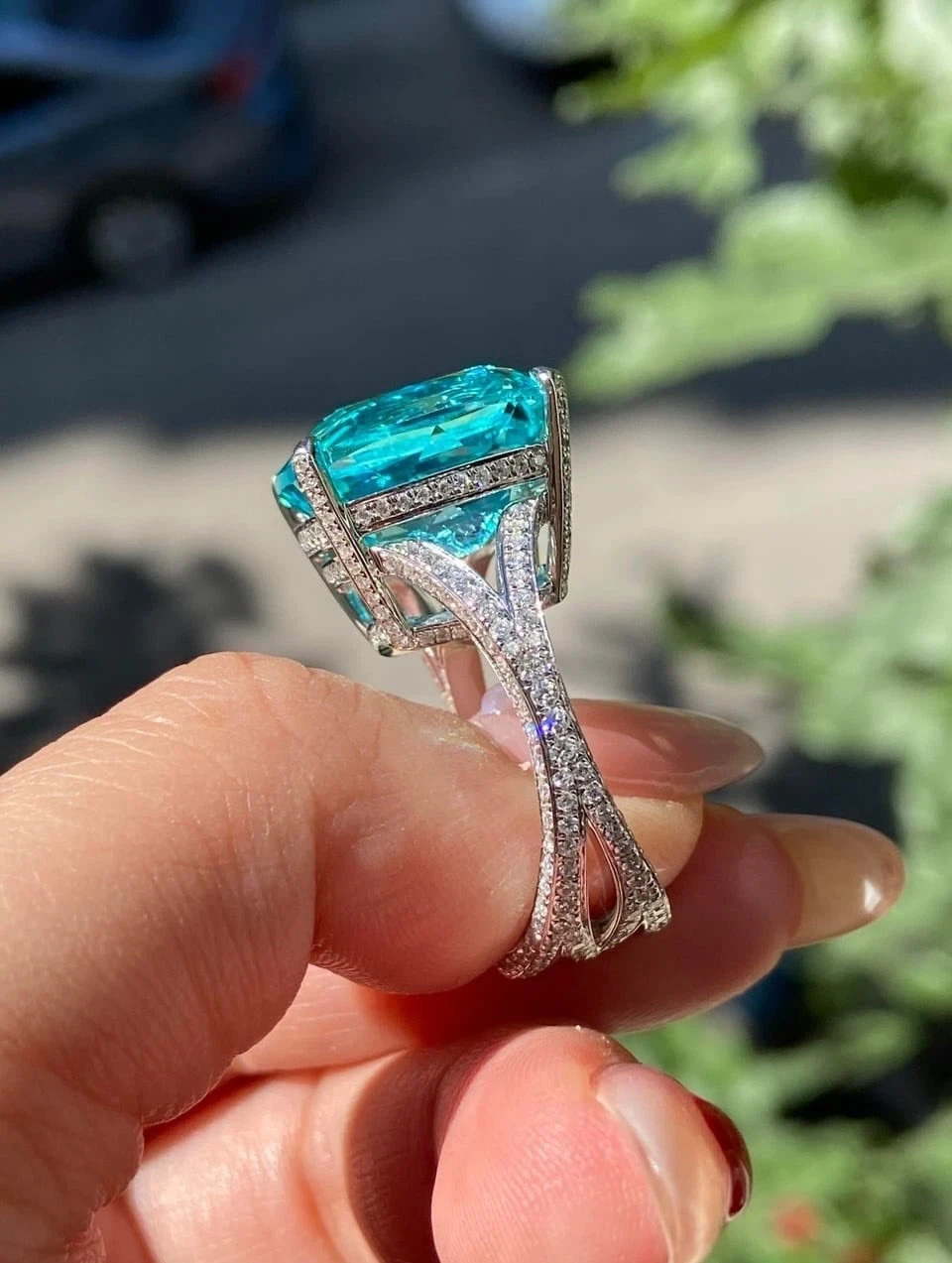 5.59 CTW Premium Cushion Paraiba Tourmaline & Diamond Ring Solid 18K White Gold