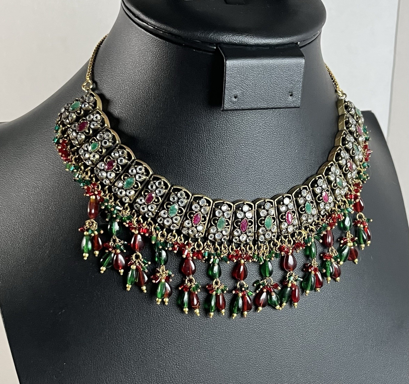 Vintage Gold Toned Statement Necklace. Small Set Stones Tested Positive for Jade
