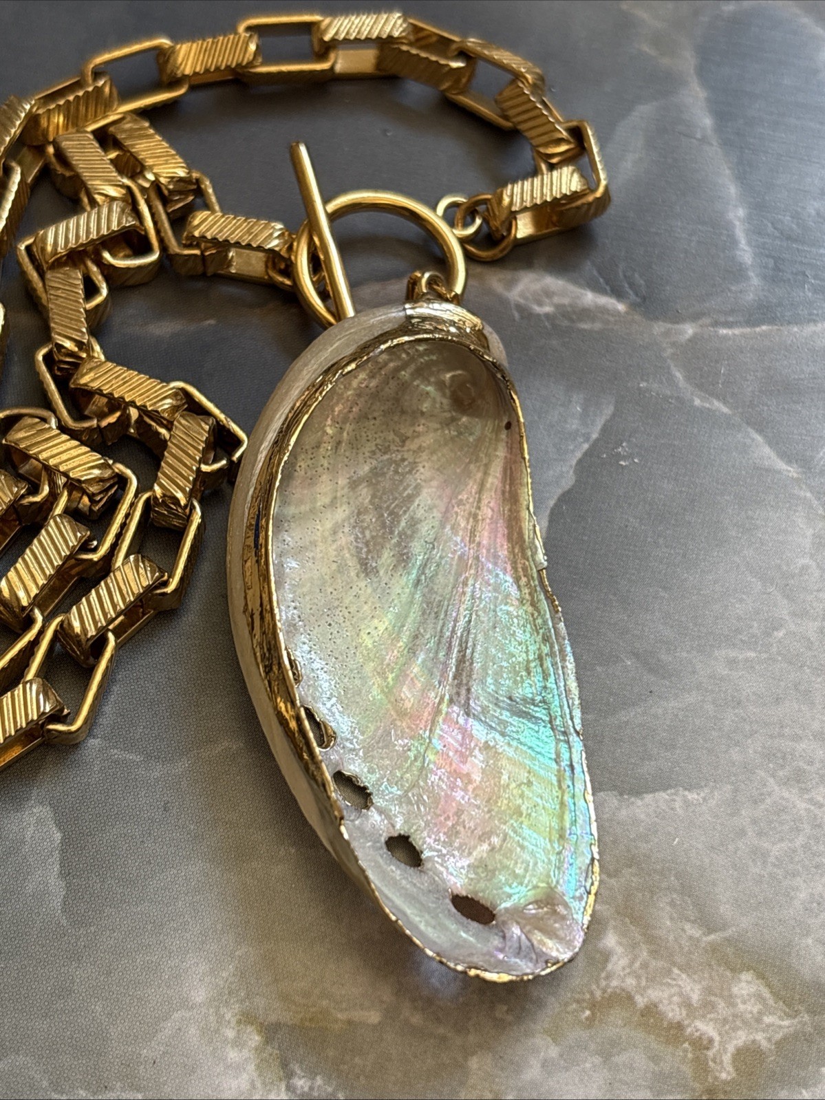 Boutique Gold Plated Chain Dipped Toggle Necklace With Iridescent Shell Pendant