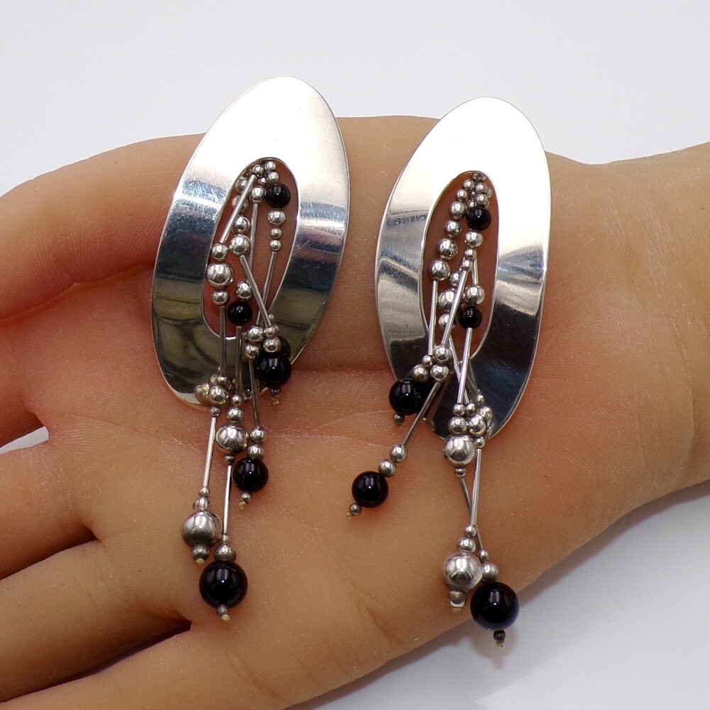 Susan Cummings Modernist Onyx Bead Sterling Silver 2 In 1 Dangle Earrings LLB4