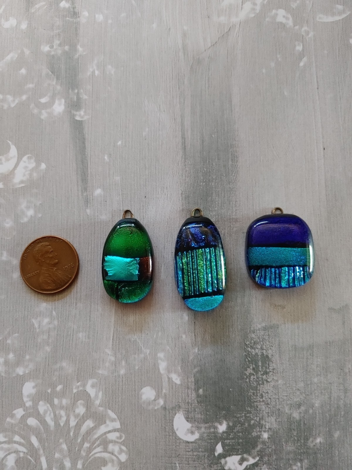vintage qty 3 pendant finding component dichroic art glass precious metal foil