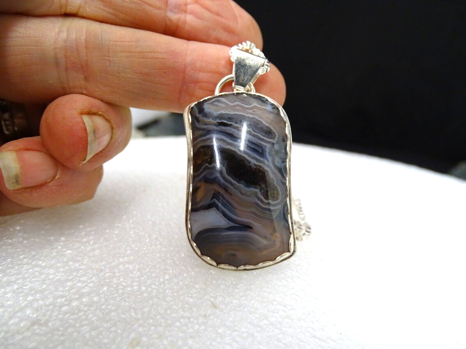 BEAUTIFUL FREEFORM HANDMADE TUBE AGATE PENDANT BEZEL SET IN STERLING SILVER .
