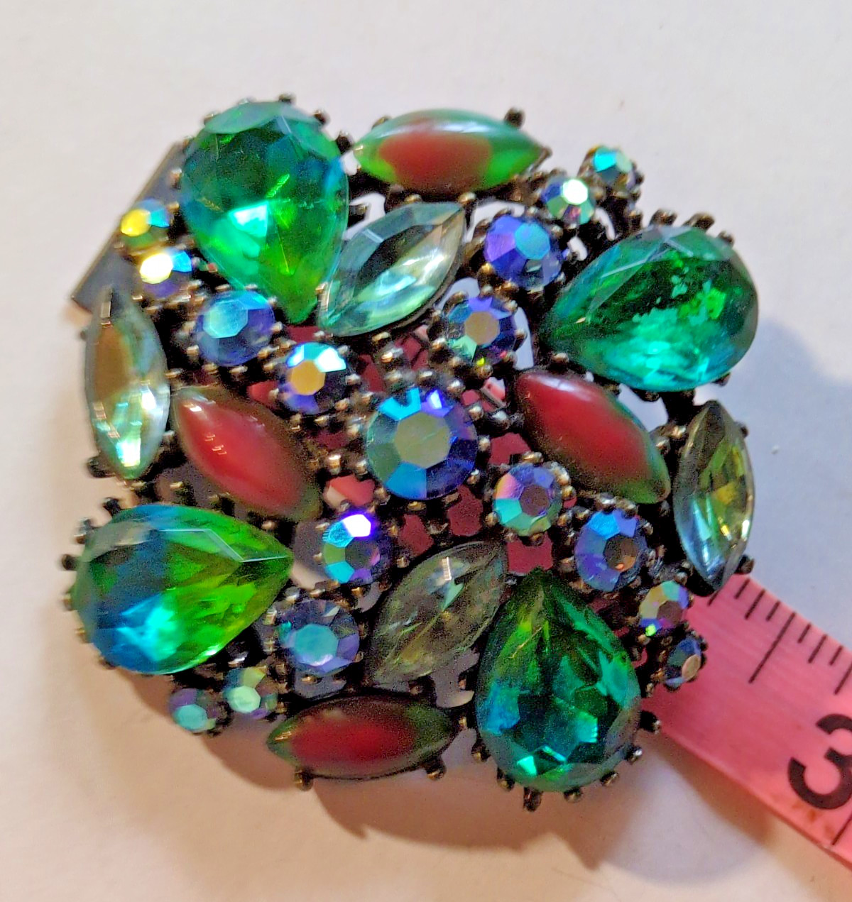 ART Arthur Pepper Watermelon Bicolor AB Glass Rhinestone Brooch Blues Greens Red