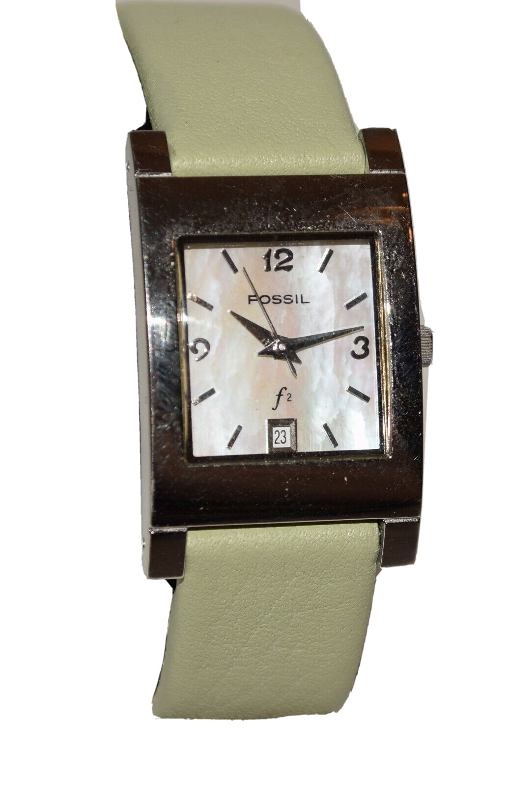 Fossil F2 Model ES-9758 Silver Tone Wristwatch w Olive Green Leather Wristband