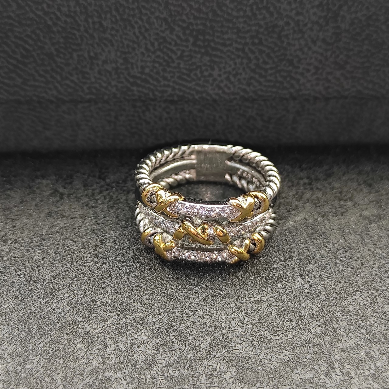 David Yurman Twisted Wrap Band 925 Silver 18K Gold Three Row Pave Diamond Ring 8