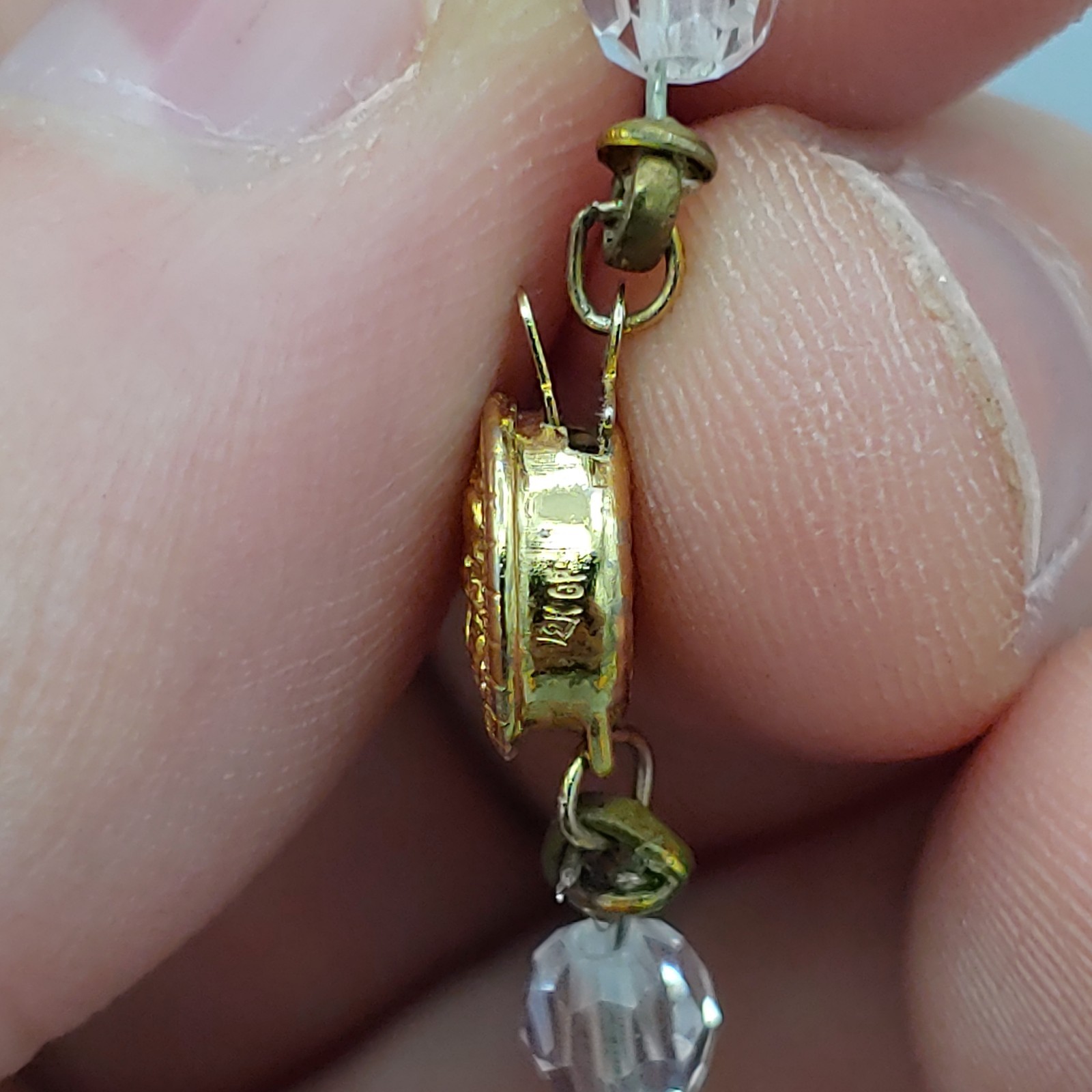 Diamond Quartz Crystal Necklace 12k GF 18″ 5mm Round Filigree Vintage