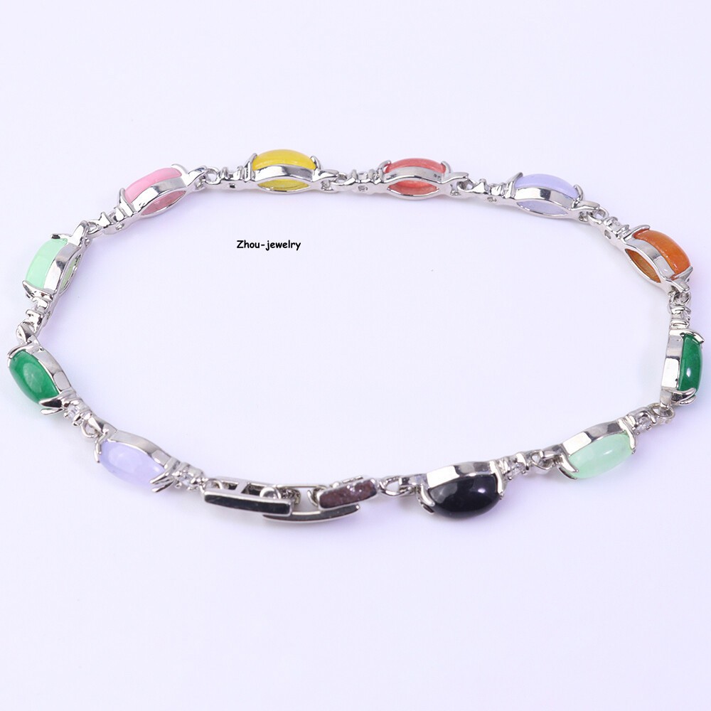 Real 18K Yellow GP Multi Color Chalcedony Chain 4.5mm Oval Beads Bracelet 7.2in