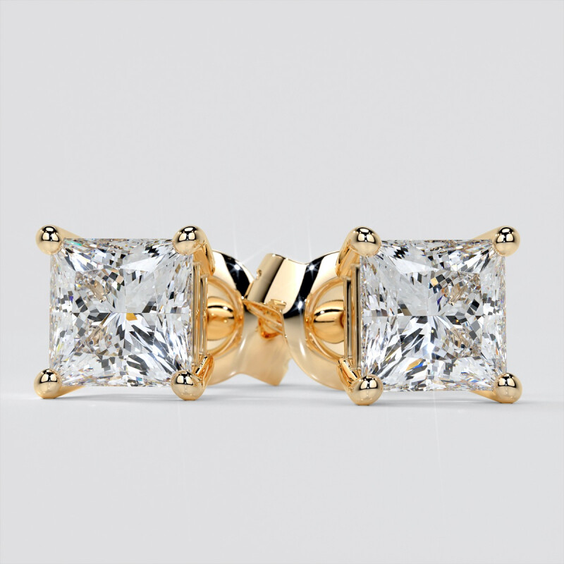 14K YELLOW OR WHITE GOLD STUD EARRINGS LAB CREATED PRINCESS CUT DIAMOND FLAWLESS