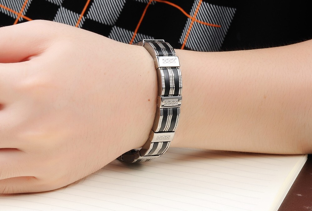 Mens silicone Bracelet Bangle Stainless Steel Fashion Jewelry 13mm 8.26inch