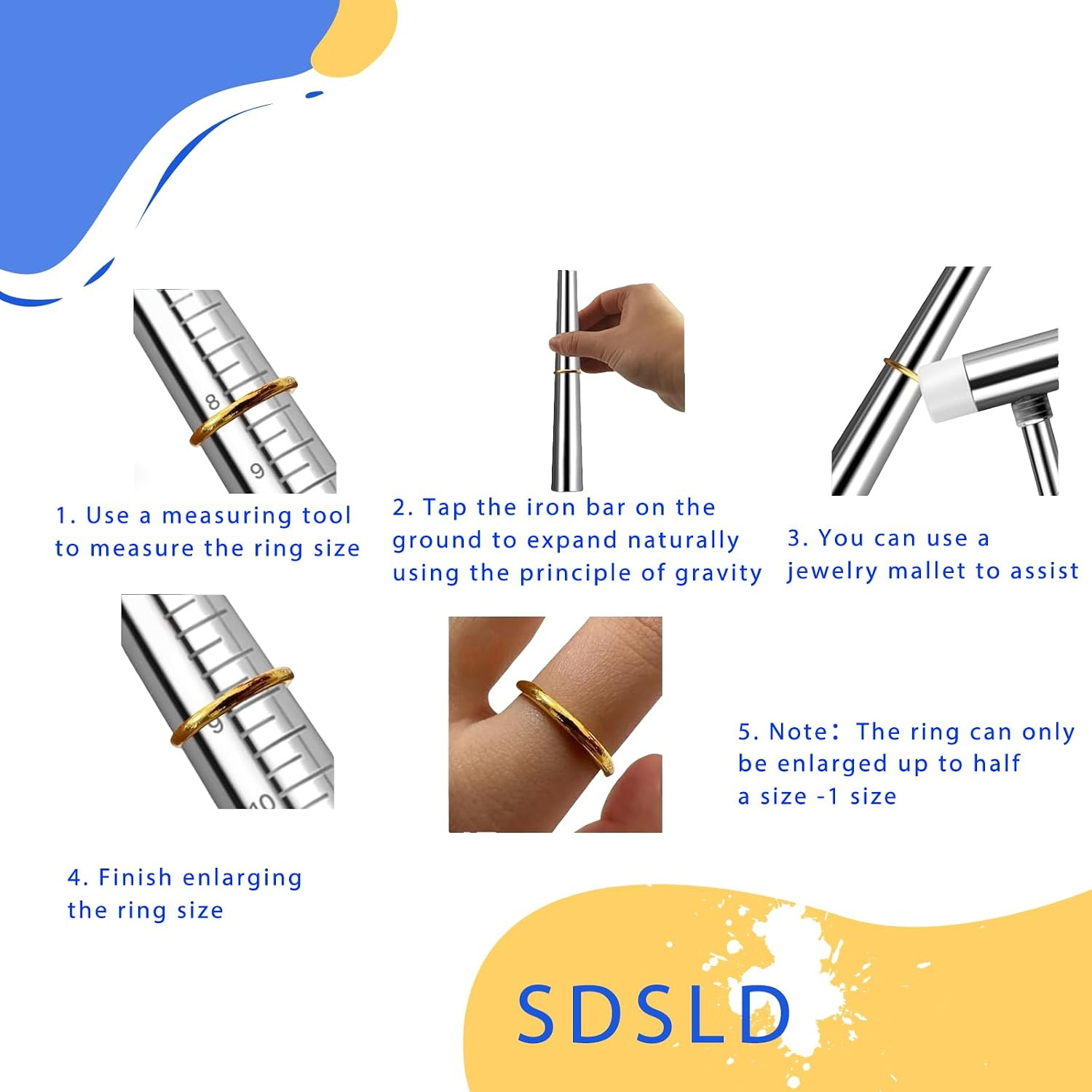 SDSLD Ring Mandrel Metal Ring Sizer Measuring Tool & Rubber Jewelry Hammer Ring