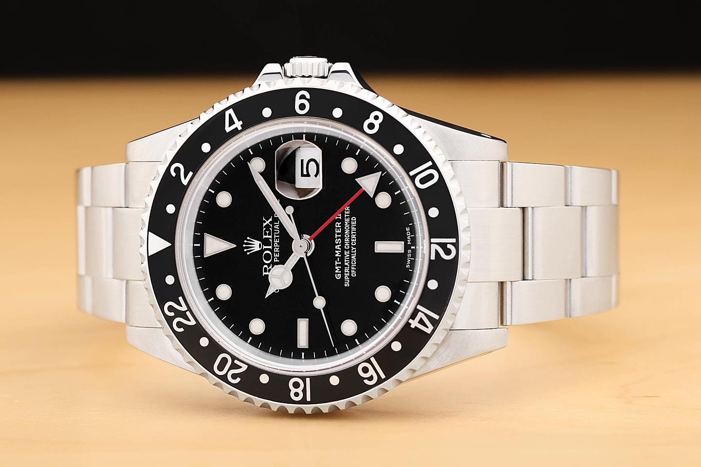 2002 ROLEX MENS GMT MASTER II 16710 BLACK DATE 40MM STAINLESS STEEL WATCH