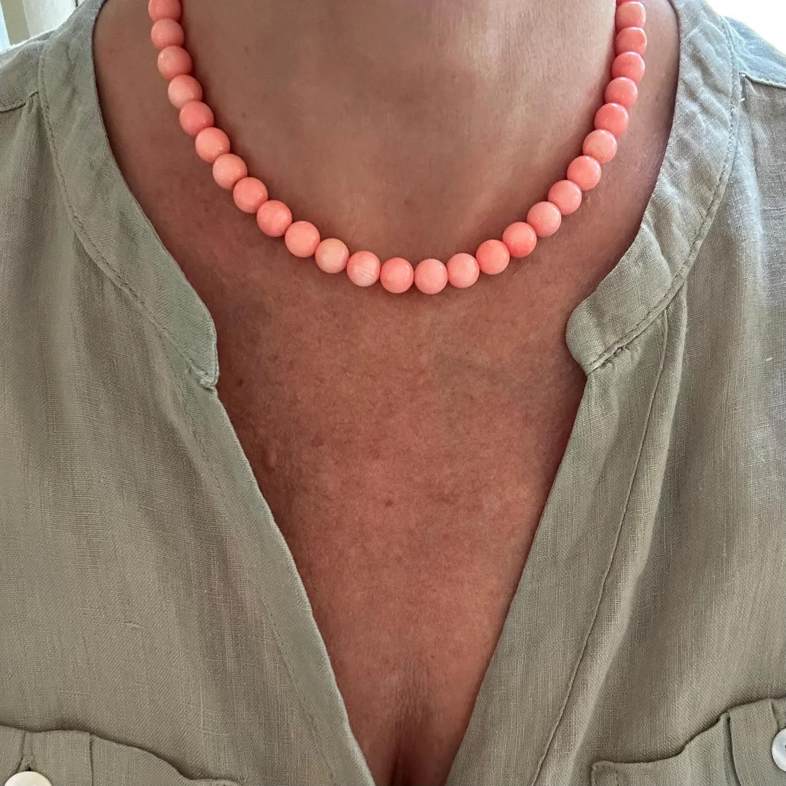 Pink Coral Necklace 14k Solid Gold | 9mm Round Salmon Peach Choker Stack