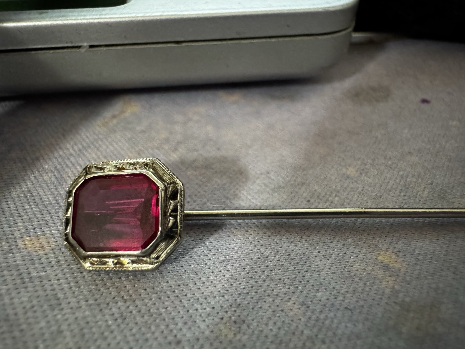 Vintage Art Deco 10K White Gold Pink Ruby Stick Pin Hexagon Octagon Setting
