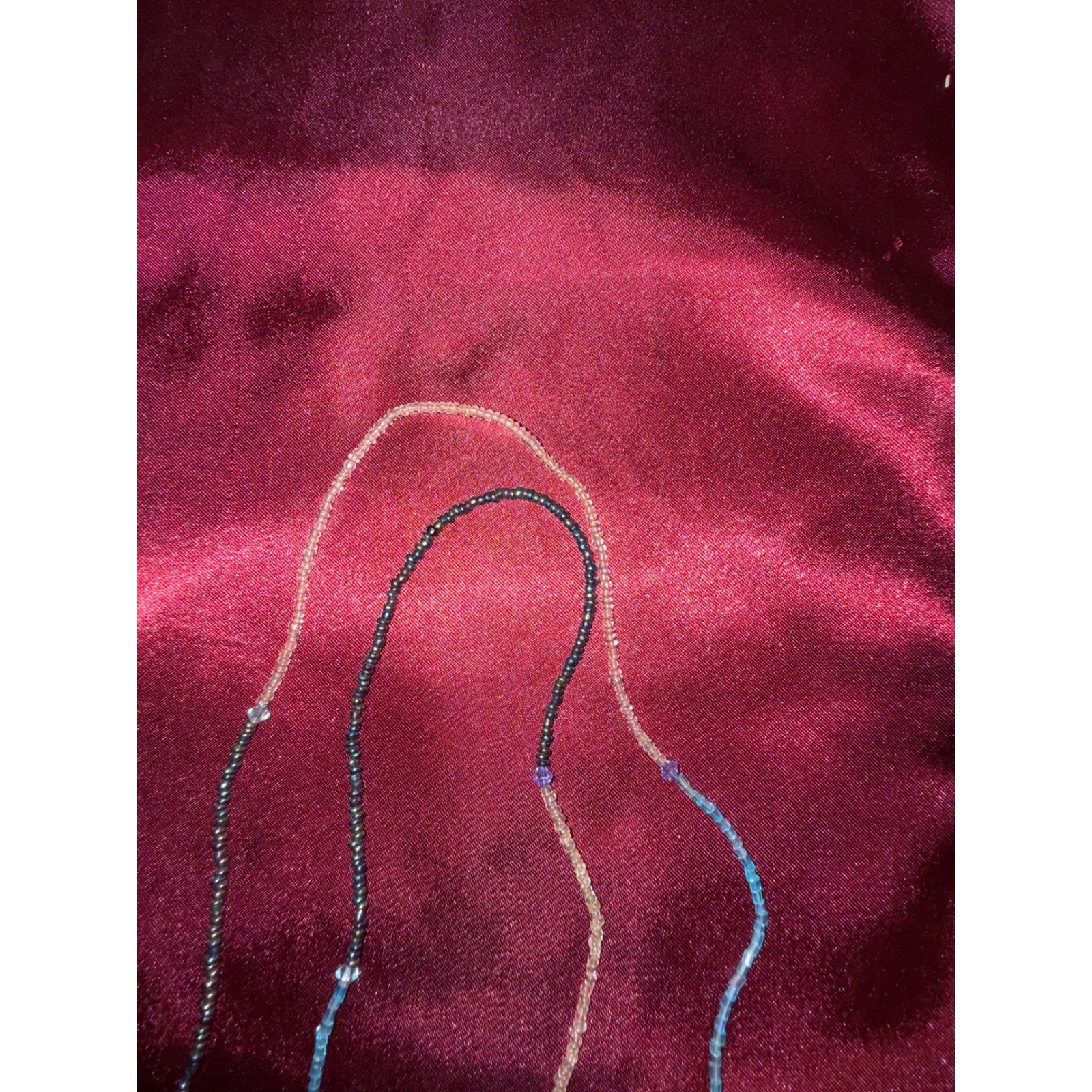 Handmade Beaded Lariat Necklace Blue Black Gold Iridescent Crystal Teardrop Boho