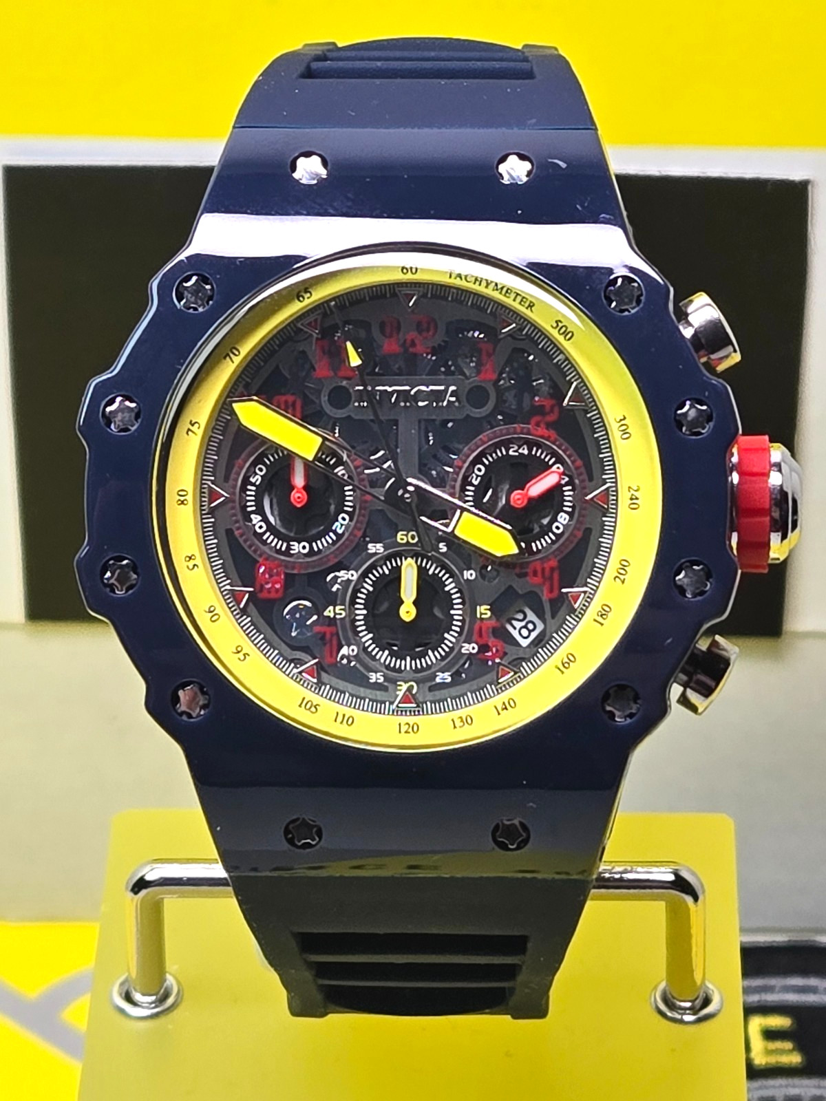 Invicta Racing Valyron Dark Blue/Yellow/Red 43.5mm Men’s Watch w/ Black Dial NEW