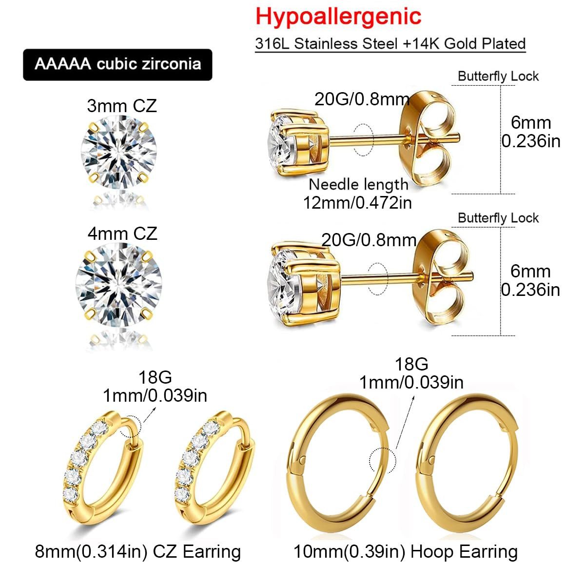 4 Pairs Gold Studs Earrings for Women, 14K Gold Plated Huggie Hoop Stack Earring