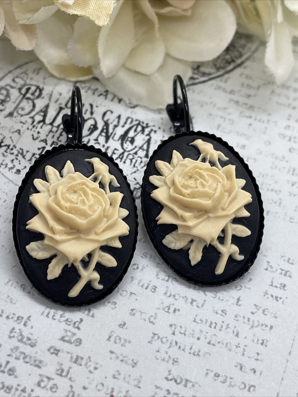 Rose Victorian Gift Wedding Cream & Black Setting Enamel Earrings Cameo Birthday